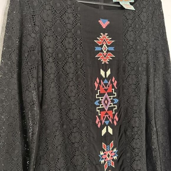 Flying Tomato Aztec Southwest Embroidered Dress M Black Crochet Boho Bell - Picture 3 of 10
